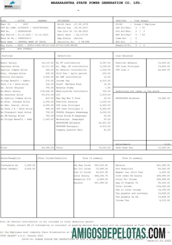 Mapa de pagamento da Maharashtra State Power Generation Co. exemplo